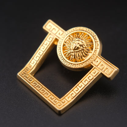 Vintage Malka Paris Lion Sun Medallion Pin – Gold Tone Greek Key Frame – Made in France