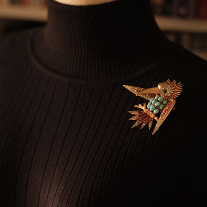 Vintage Boucher Bird Brooch with Turquoise Cabochons, Ruby & Crystal Accents