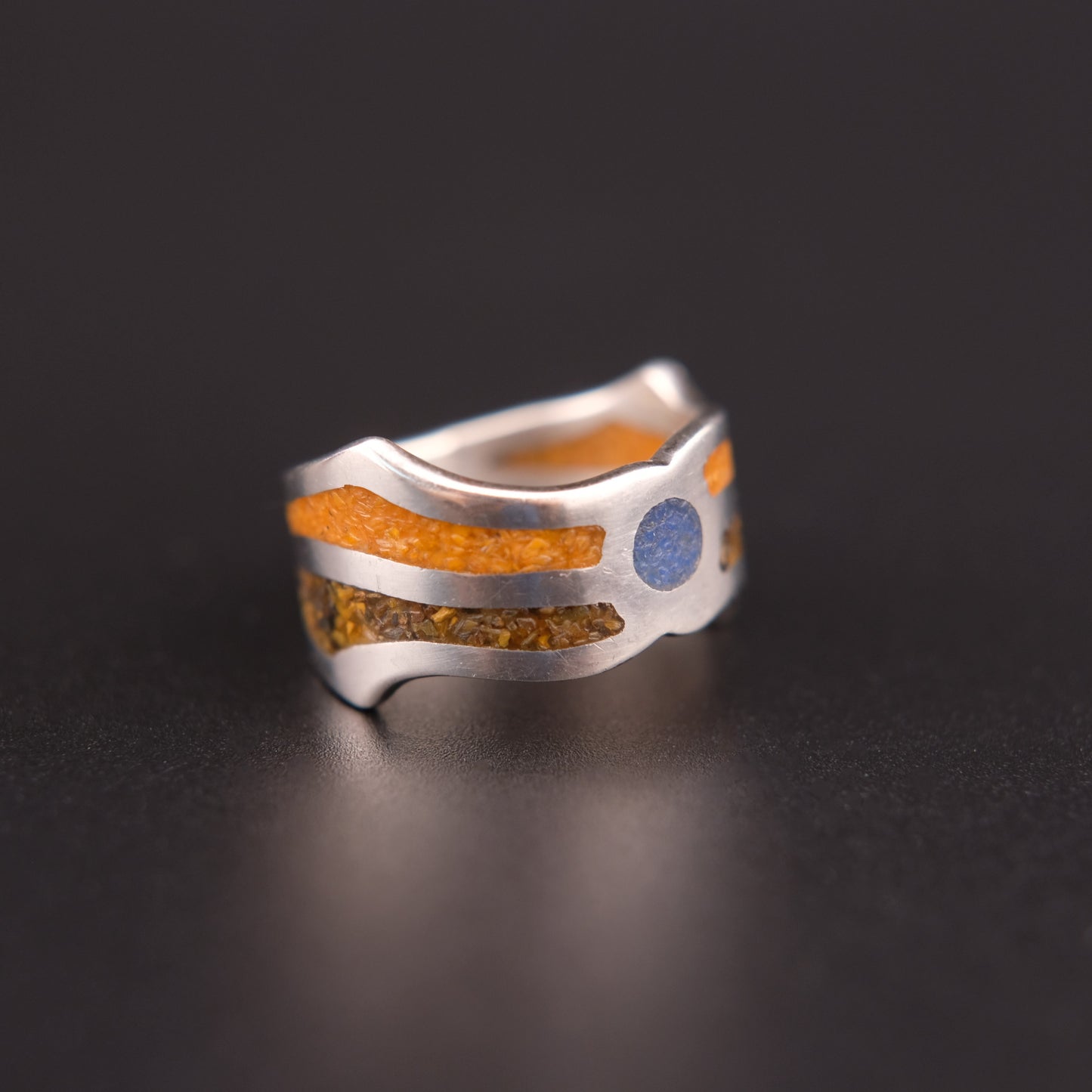 Vintage Saritasco 925 Sterling Silver Inlay Ring – Blue & Amber Tone Mosaic Design (Size 8)