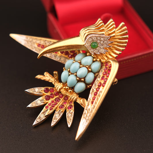 Vintage Boucher Bird Brooch with Turquoise Cabochons, Ruby & Crystal Accents