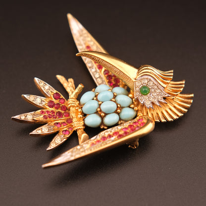 Vintage Boucher Bird Brooch with Turquoise Cabochons, Ruby & Crystal Accents