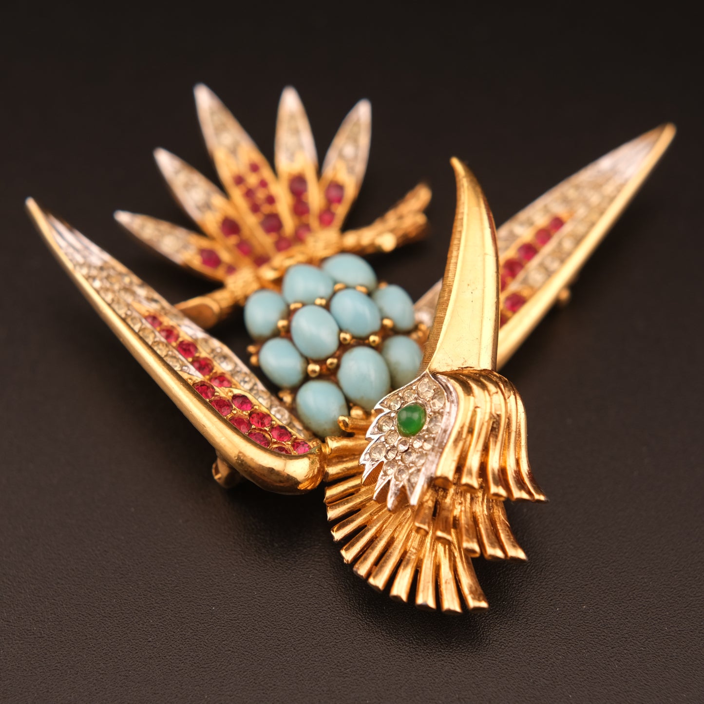 Vintage Boucher Bird Brooch with Turquoise Cabochons, Ruby & Crystal Accents