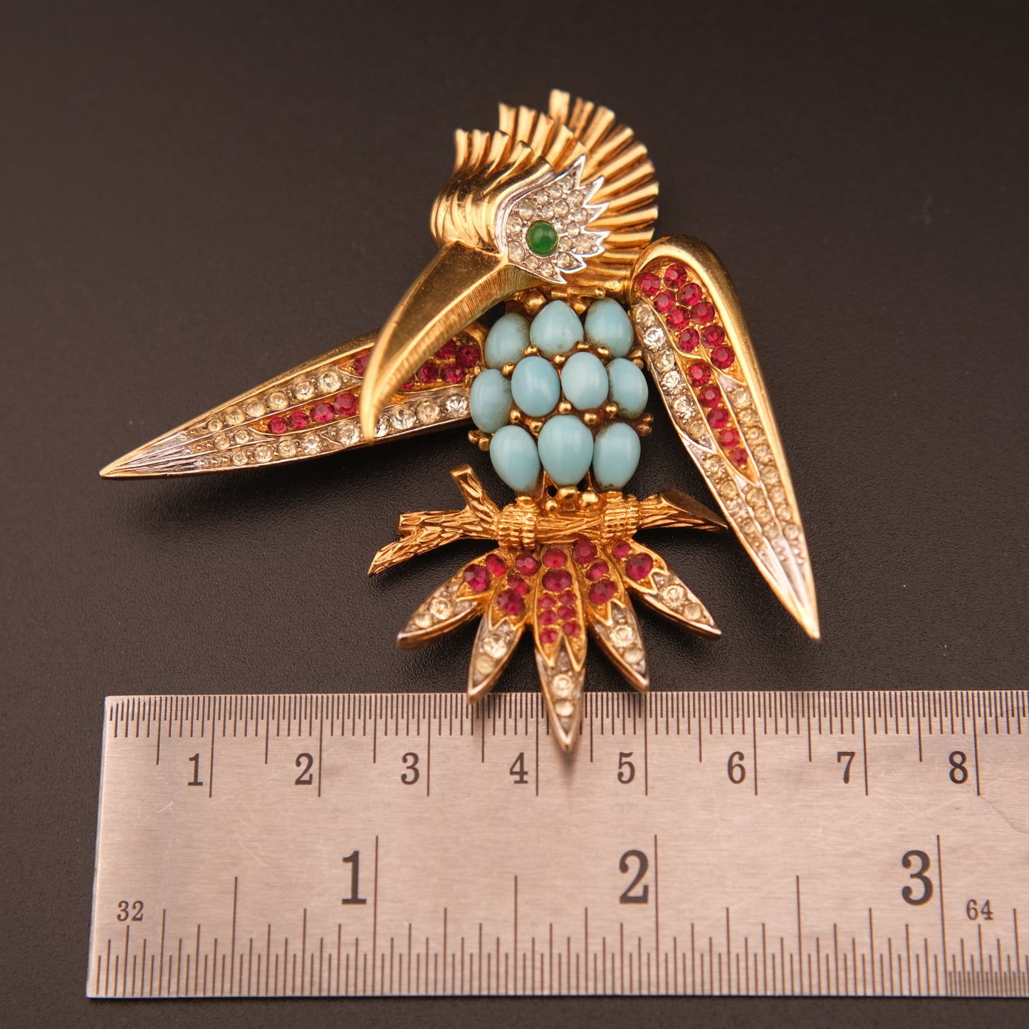 Vintage Boucher Bird Brooch with Turquoise Cabochons, Ruby & Crystal Accents