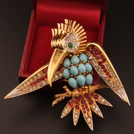 Vintage Boucher Bird Brooch with Turquoise Cabochons, Ruby & Crystal Accents