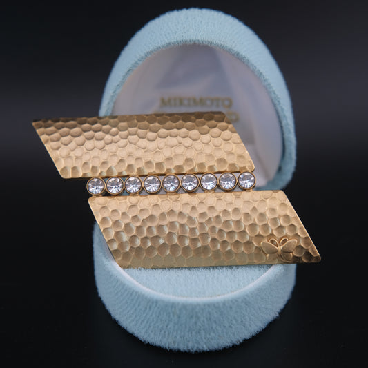 ❤️ Vintage Hanae Mori Hammered Gold-Tone Crystal Brooch | Signed HN