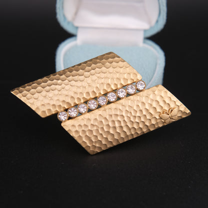 ❤️ Vintage Hanae Mori Hammered Gold-Tone Crystal Brooch | Signed HN