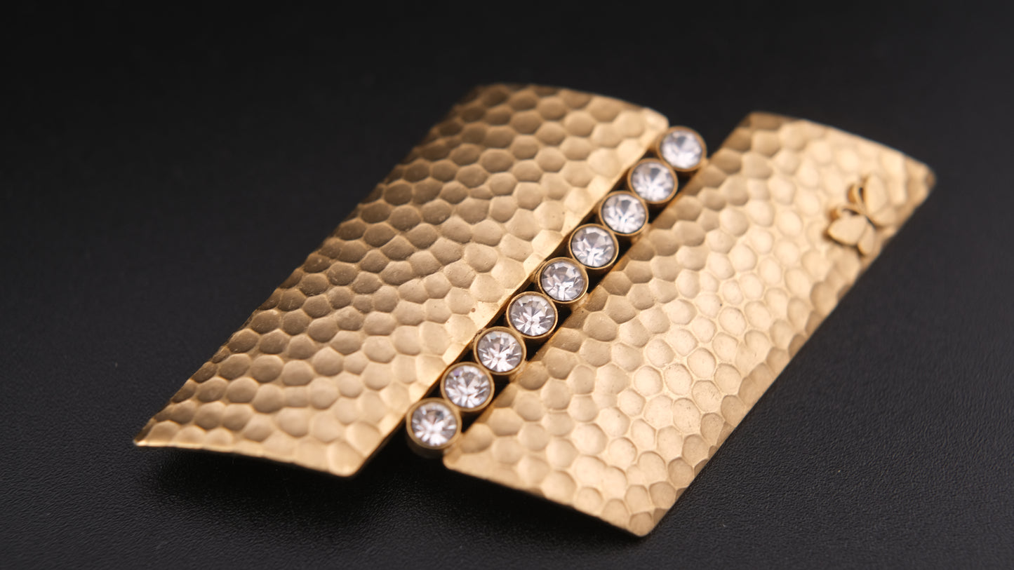 ❤️ Vintage Hanae Mori Hammered Gold-Tone Crystal Brooch | Signed HN