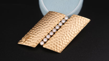 ❤️ Vintage Hanae Mori Hammered Gold-Tone Crystal Brooch | Signed HN