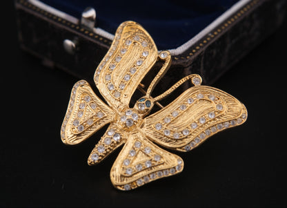 Vintage Signed ROMAN Gold-Tone Butterfly Brooch with Clear and Blue Rhinestones