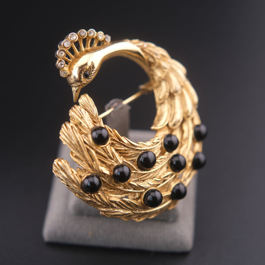 ❤️ Vintage Orena Paris Peacock Wreath Brooch – Gold Tone with Black Cabochons