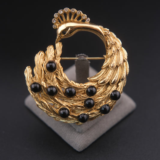 ❤️ Vintage Orena Paris Peacock Wreath Brooch – Gold Tone with Black Cabochons