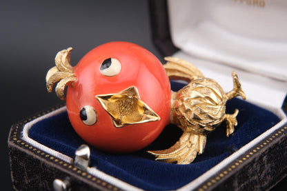 Ciner Song Bird Brooch – Gold-Tone with Coral Red Enamel Head