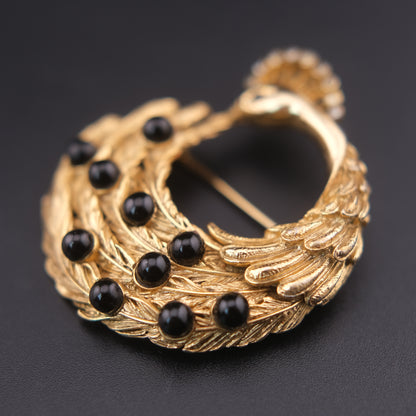 ❤️ Vintage Orena Paris Peacock Wreath Brooch – Gold Tone with Black Cabochons