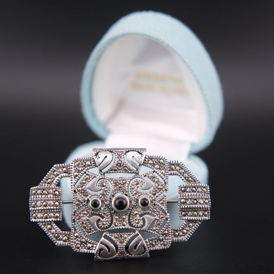 ❤️ Vintage Sterling Silver Marcasite Brooch – Geometric Art Deco Style