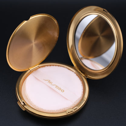 Vintage Shiseido Embroidered Powder Compact – Gold-Tone Case with Original Box