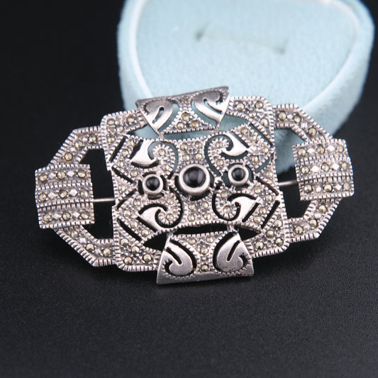 ❤️ Vintage Sterling Silver Marcasite Brooch – Geometric Art Deco Style