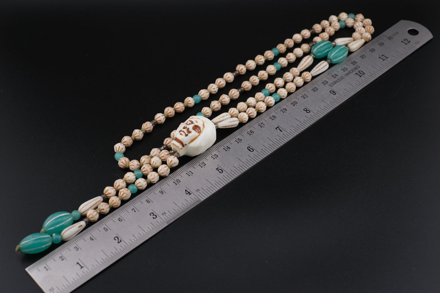 Vintage Carved Face Bead Tribal Necklace – 40" Long
