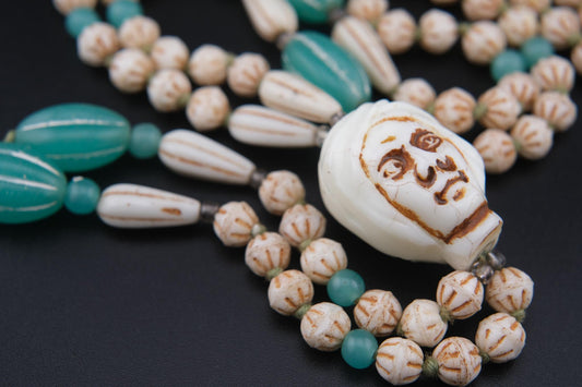 Vintage Carved Face Bead Tribal Necklace – 40" Long