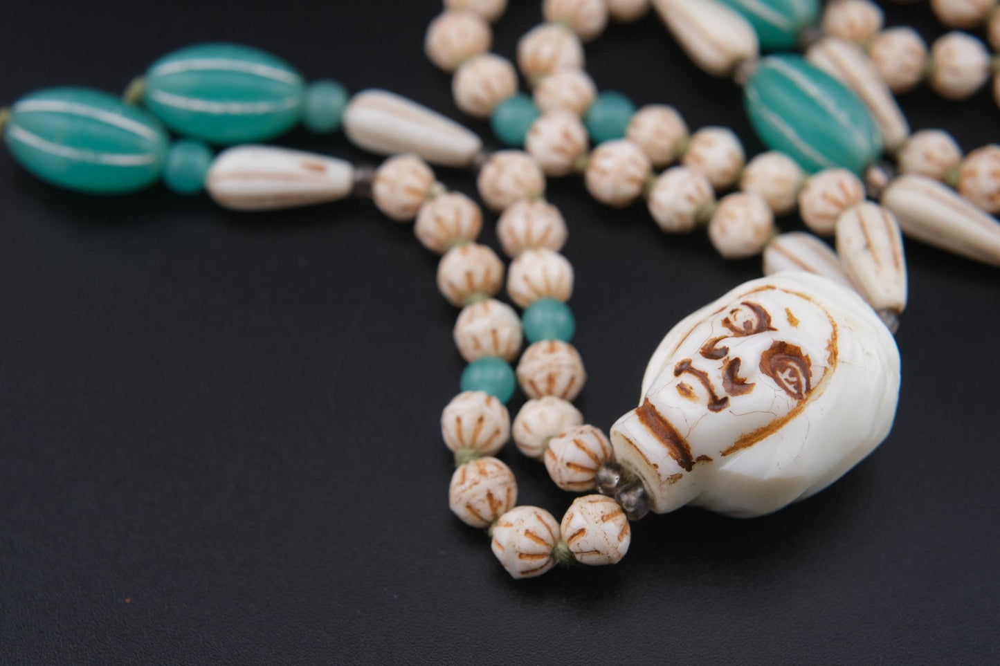 Vintage Carved Face Bead Tribal Necklace – 40" Long