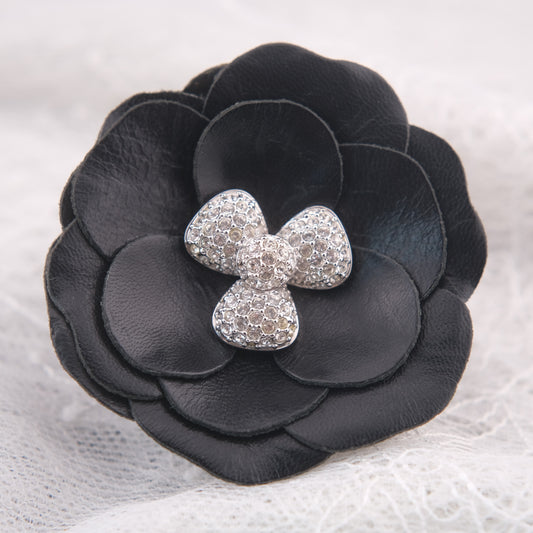 ❤️ Swarovski Black Leather Camellia Flower Brooch with Crystal Center