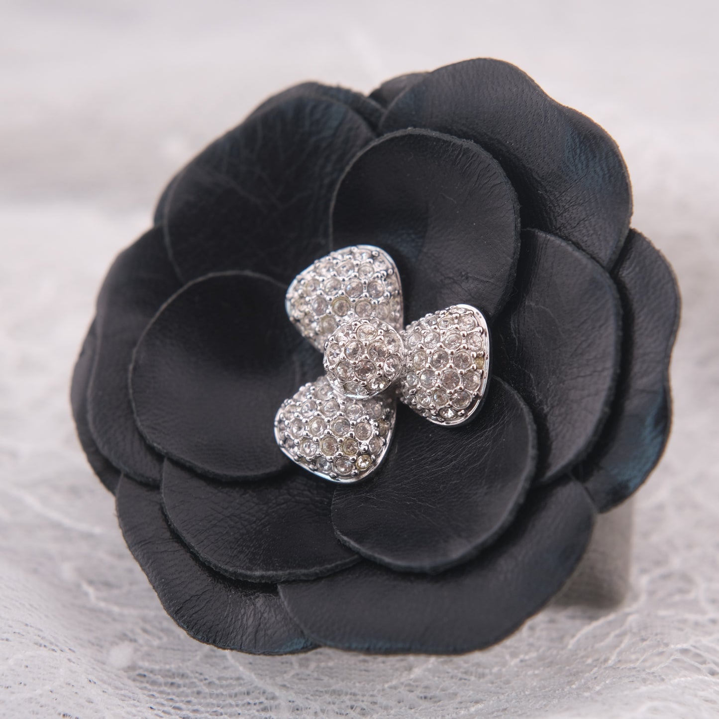 ❤️ Swarovski Black Leather Camellia Flower Brooch with Crystal Center