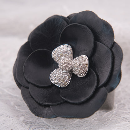 ❤️ Swarovski Black Leather Camellia Flower Brooch with Crystal Center