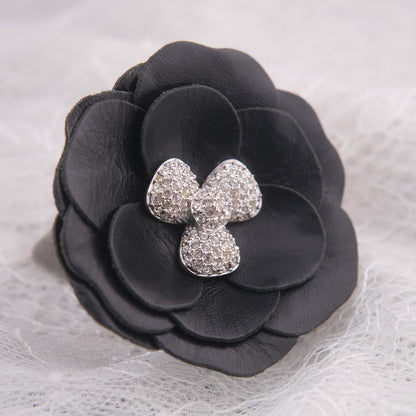 ❤️ Swarovski Black Leather Camellia Flower Brooch with Crystal Center
