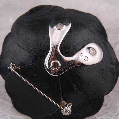 ❤️ Swarovski Black Leather Camellia Flower Brooch with Crystal Center