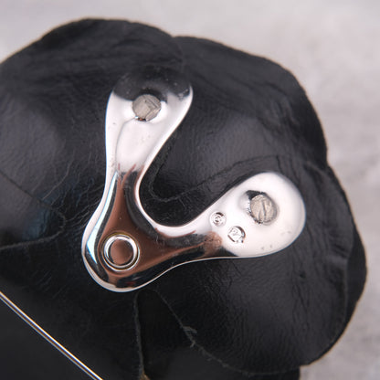❤️ Swarovski Black Leather Camellia Flower Brooch with Crystal Center