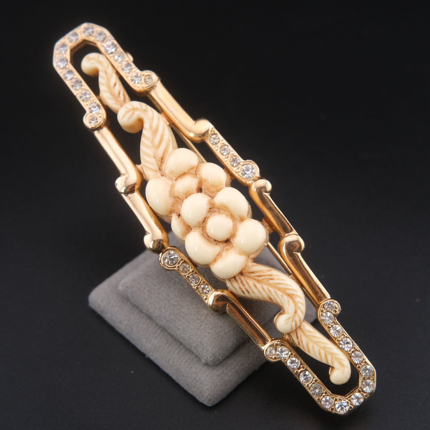 ❤️ Vintage P&M Paris Dimensional Floral Rhinestone Brooch with Trombone Clasp