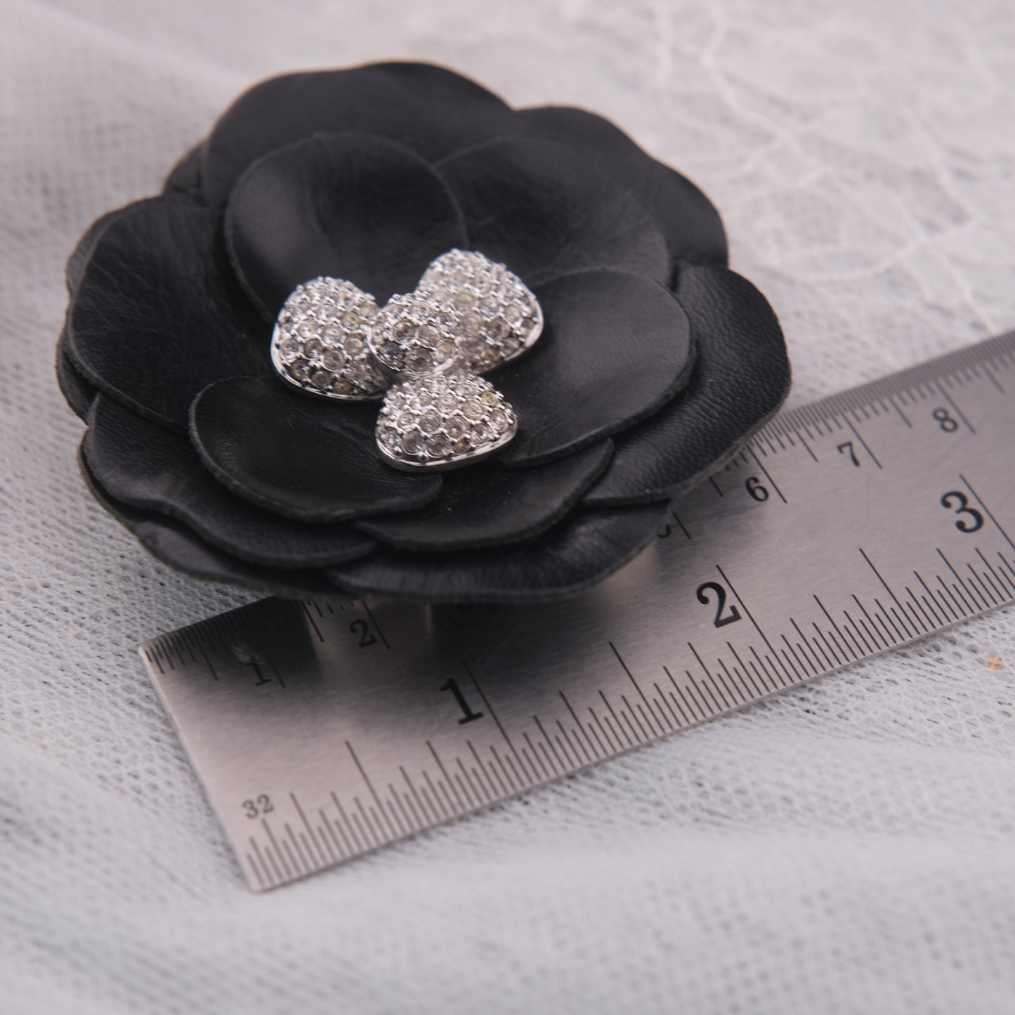 ❤️ Swarovski Black Leather Camellia Flower Brooch with Crystal Center
