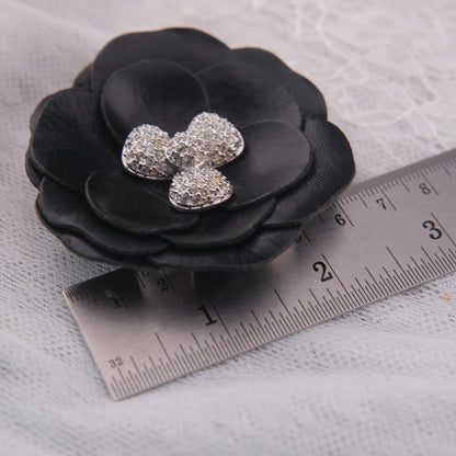 ❤️ Swarovski Black Leather Camellia Flower Brooch with Crystal Center