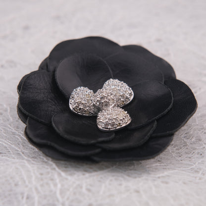 ❤️ Swarovski Black Leather Camellia Flower Brooch with Crystal Center