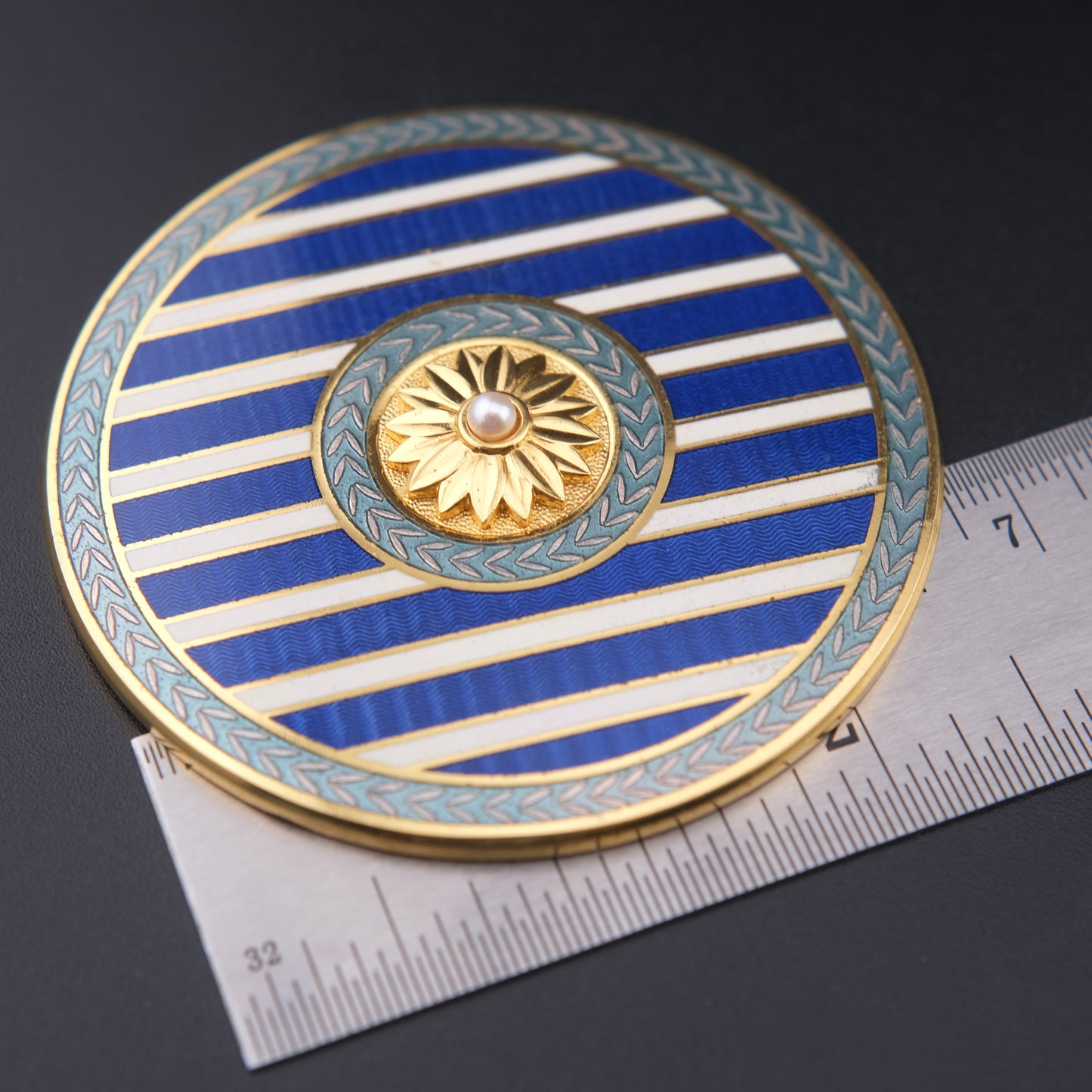 Mikimoto Blue Enamel Compact Mirror – Gold-Tone with Real Pearl Accent