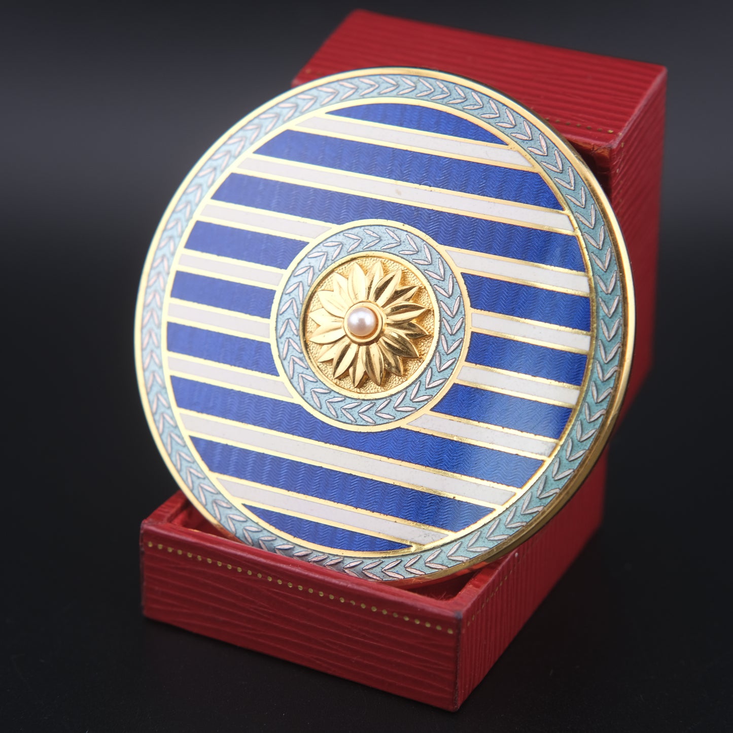 Mikimoto Blue Enamel Compact Mirror – Gold-Tone with Real Pearl Accent
