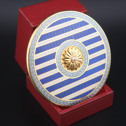 Mikimoto Blue Enamel Compact Mirror – Gold-Tone with Real Pearl Accent