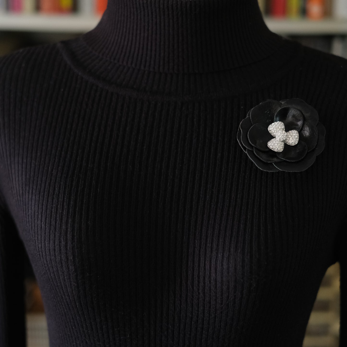 ❤️ Swarovski Black Leather Camellia Flower Brooch with Crystal Center