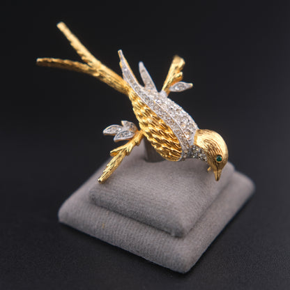 ❤️ Vintage Gold Tone Bird Brooch with Clear Rhinestones – Elegant Perched Bird Design