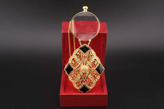 Vintage Gold Filigree Loupe Pendant Necklace with Black Accents and Hidden Magnifier
