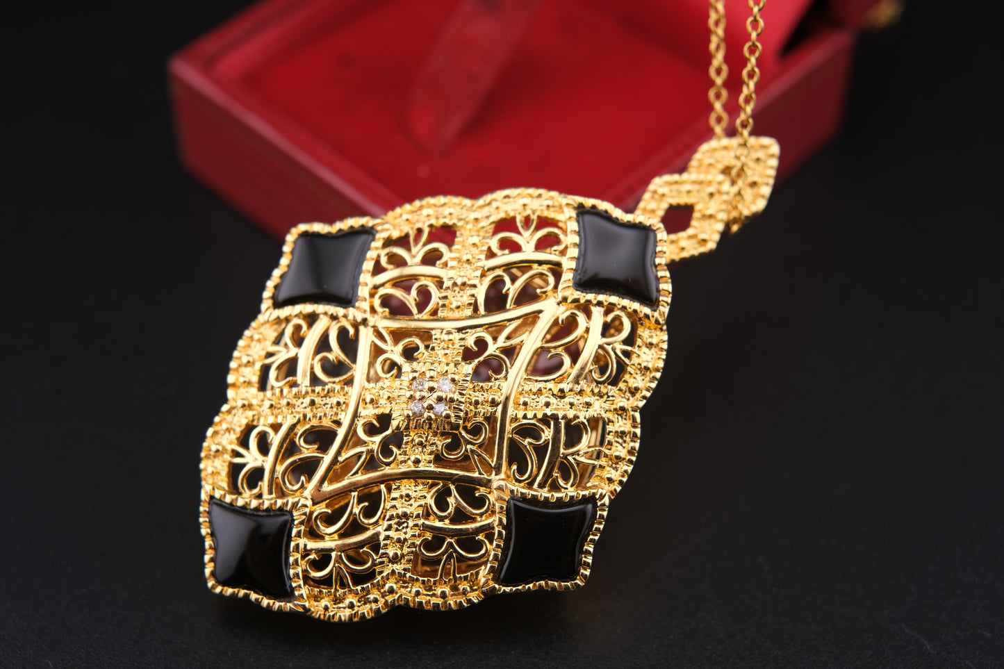 Vintage Gold Filigree Loupe Pendant Necklace with Black Accents and Hidden Magnifier