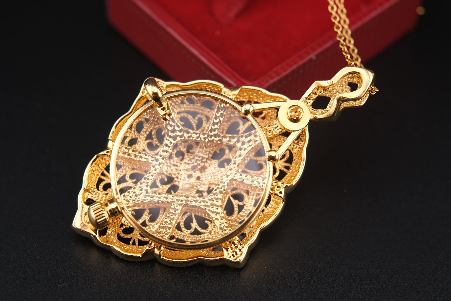 Vintage Gold Filigree Loupe Pendant Necklace with Black Accents and Hidden Magnifier
