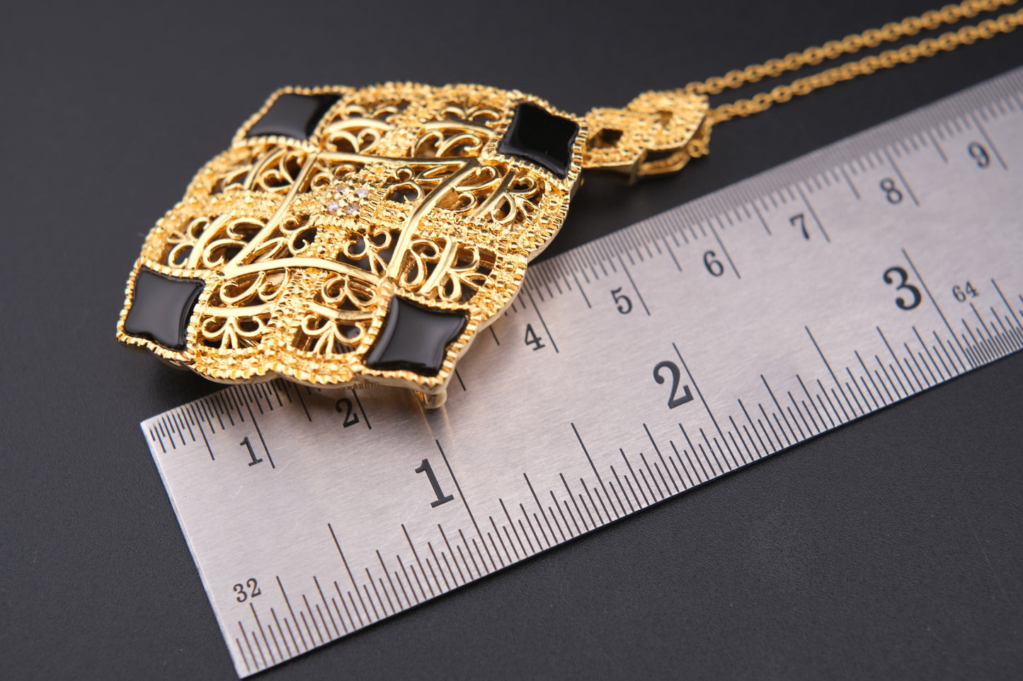 Vintage Gold Filigree Loupe Pendant Necklace with Black Accents and Hidden Magnifier