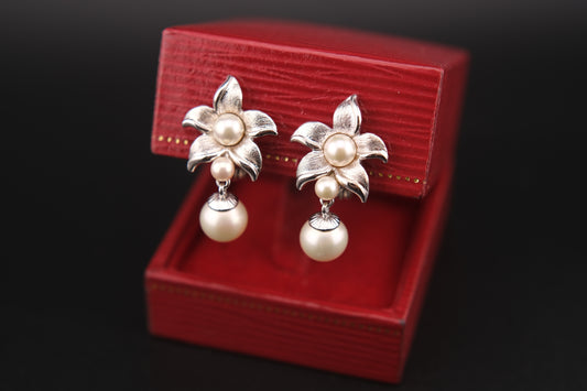 Vintage Majorica Silver Floral Clip-On Earrings with Simulated Pearls | Signed 925 | Made in Spain