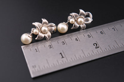 Vintage Majorica Silver Floral Clip-On Earrings with Simulated Pearls | Signed 925 | Made in Spain
