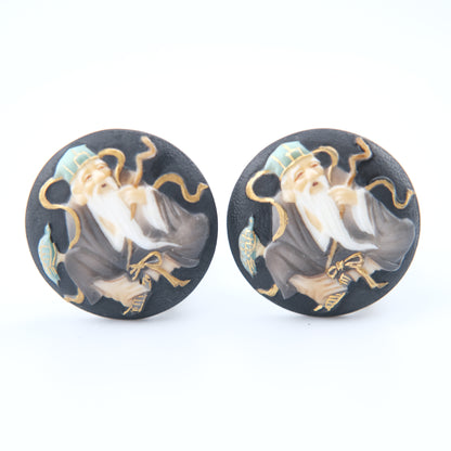 Vintage Toshikane Japan Porcelain Clip-On Earrings – Immortal Elder Shou Xing Motif