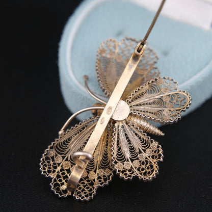 ❤️ Vintage 800 Silver Filigree Butterfly Brooch