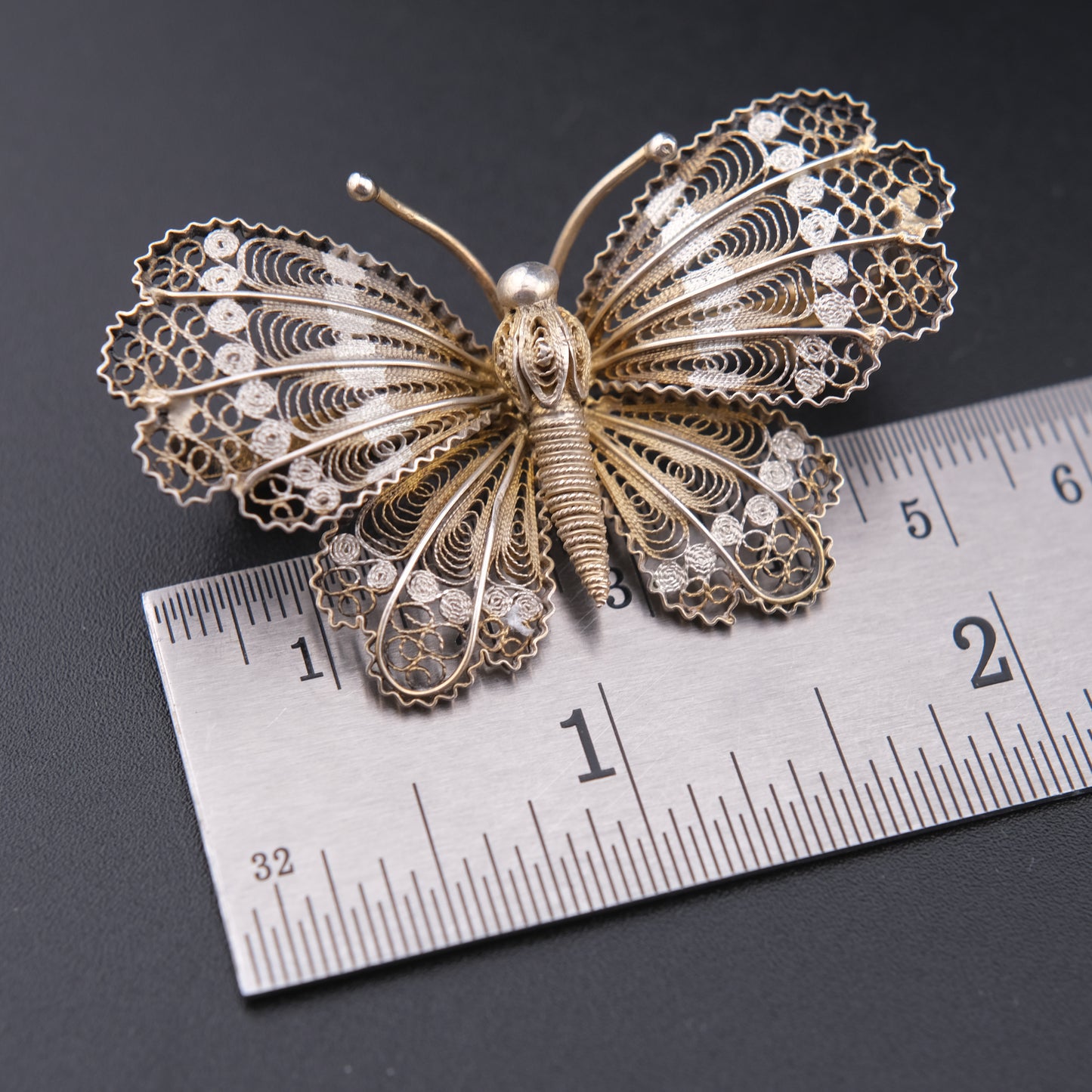 ❤️ Vintage 800 Silver Filigree Butterfly Brooch