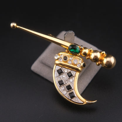 ❤️ Vintage Articulated Geometric Tusk Brooch with Black Rhinestones, Green Glass Accent & Gold Tone Orb Detail