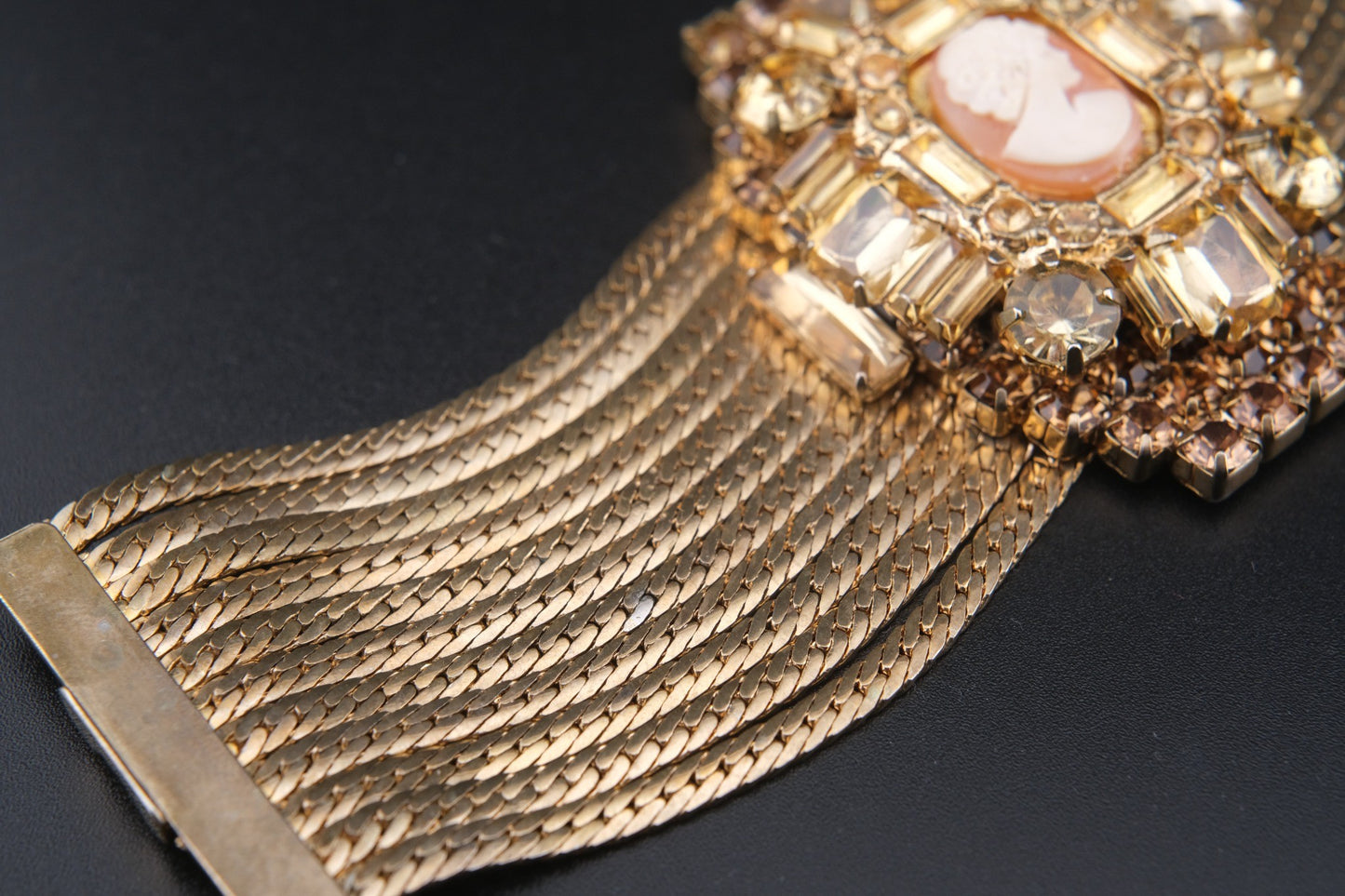 Vintage Cameo & Rhinestone Wide Mesh Bracelet – Statement Gold Tone Cuff