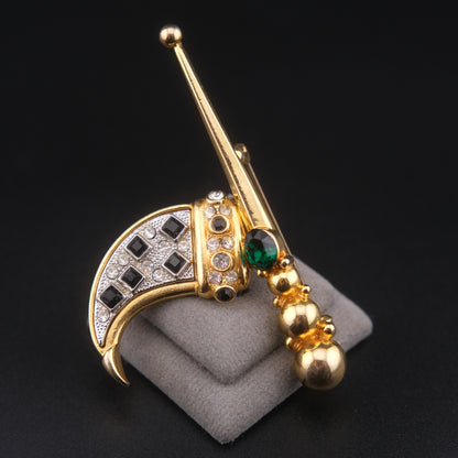 ❤️ Vintage Articulated Geometric Tusk Brooch with Black Rhinestones, Green Glass Accent & Gold Tone Orb Detail